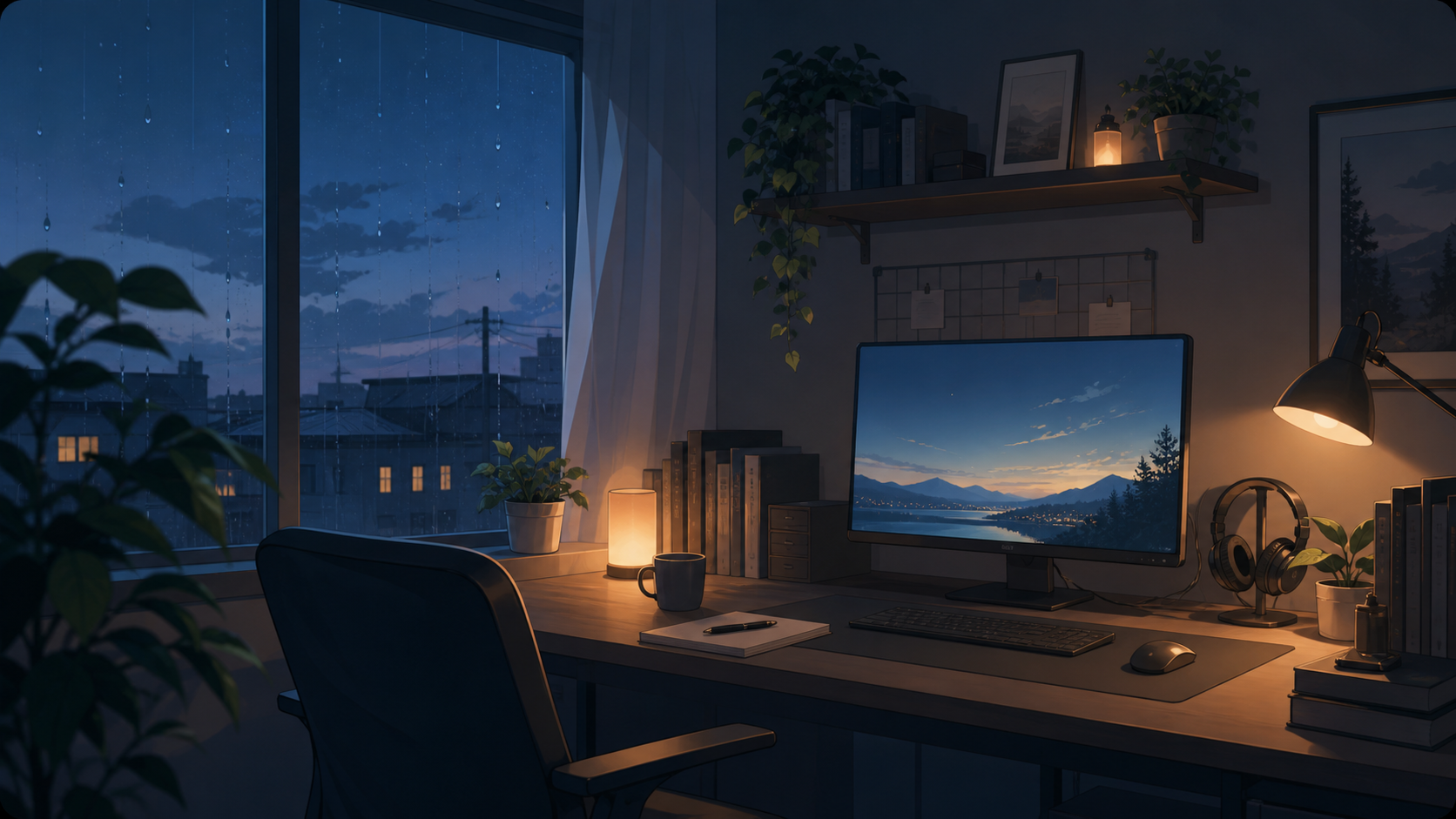 Anime-inspired cozy desk by a rainy window with plants and warm evening light.